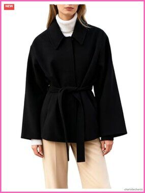 Women's Wool Blend Short Trench Coat Collared Belted Jacket